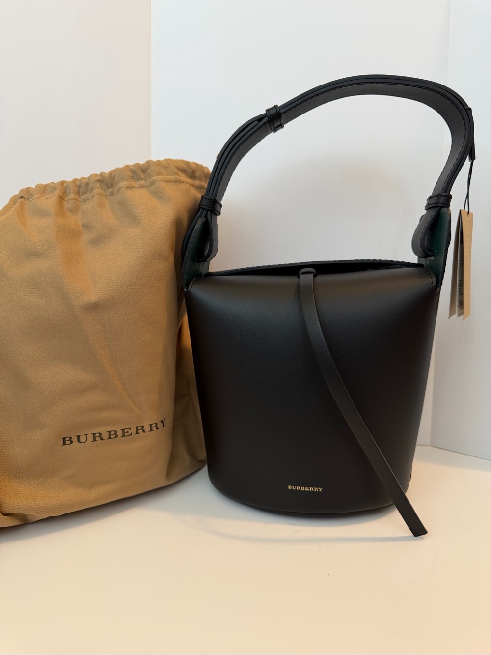 NWT Burberry Black Leather Bucket Bag with Gold Logo